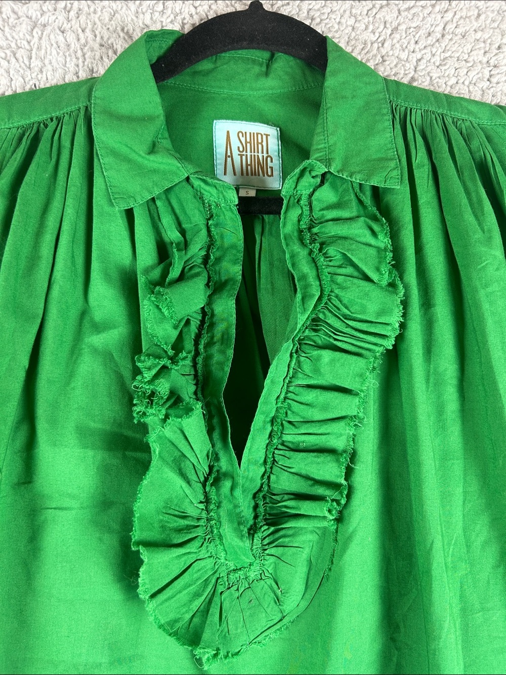 A Shirt Thing Relaxed Flowy Style Frayed Ruffles Green Cotton Top Size S - Picture 7 of 15